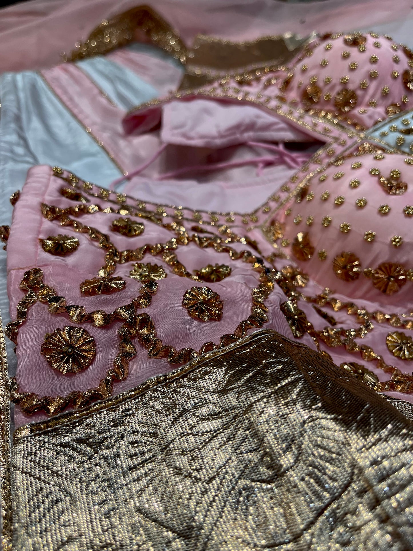 PINK & PASTEL BLUE COLOUR KALI LEHENGA WITH READYMADE BLOUSE & ORGANZA DUPATTA EMBELLISHED WITH GOTA PATTI & BEADS WORK - Kothari Sons