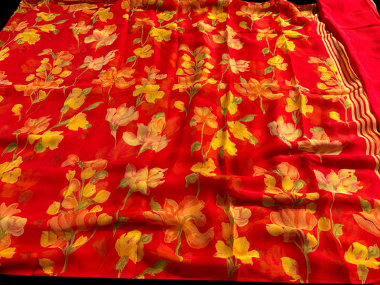 BRIGHT RED PRINTED CHIFFON SAREE