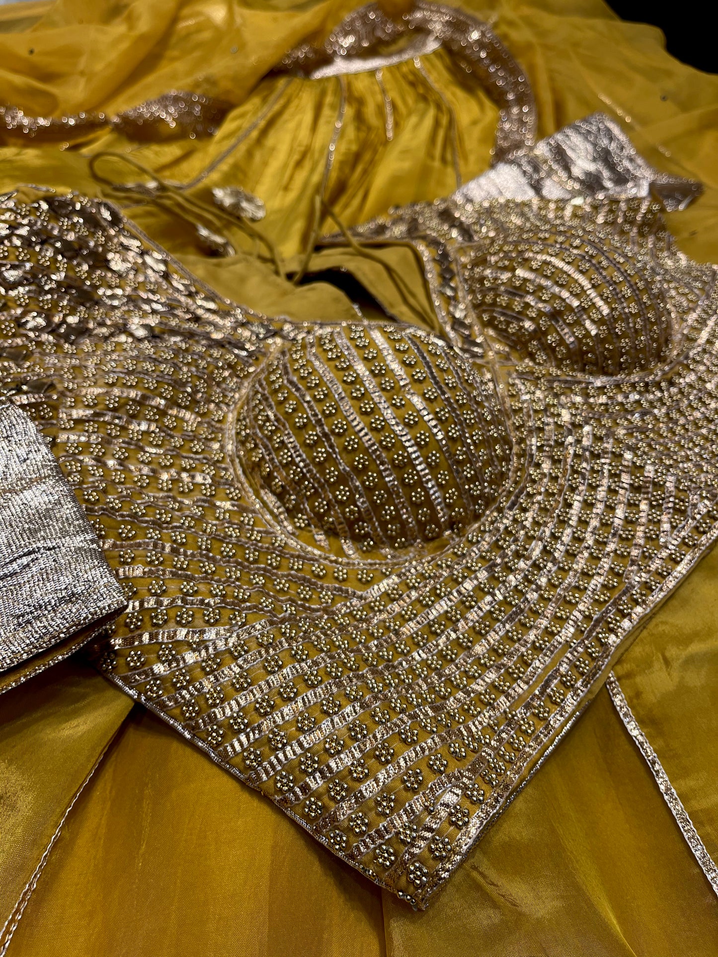 MUSTARD COLOUR CREPE SILK LEHENGA WITH READYMADE BLOUSE & ORGANZA DUPATTA EMBELLISHED WITH GOTA PATTI WORK - Kothari Sons