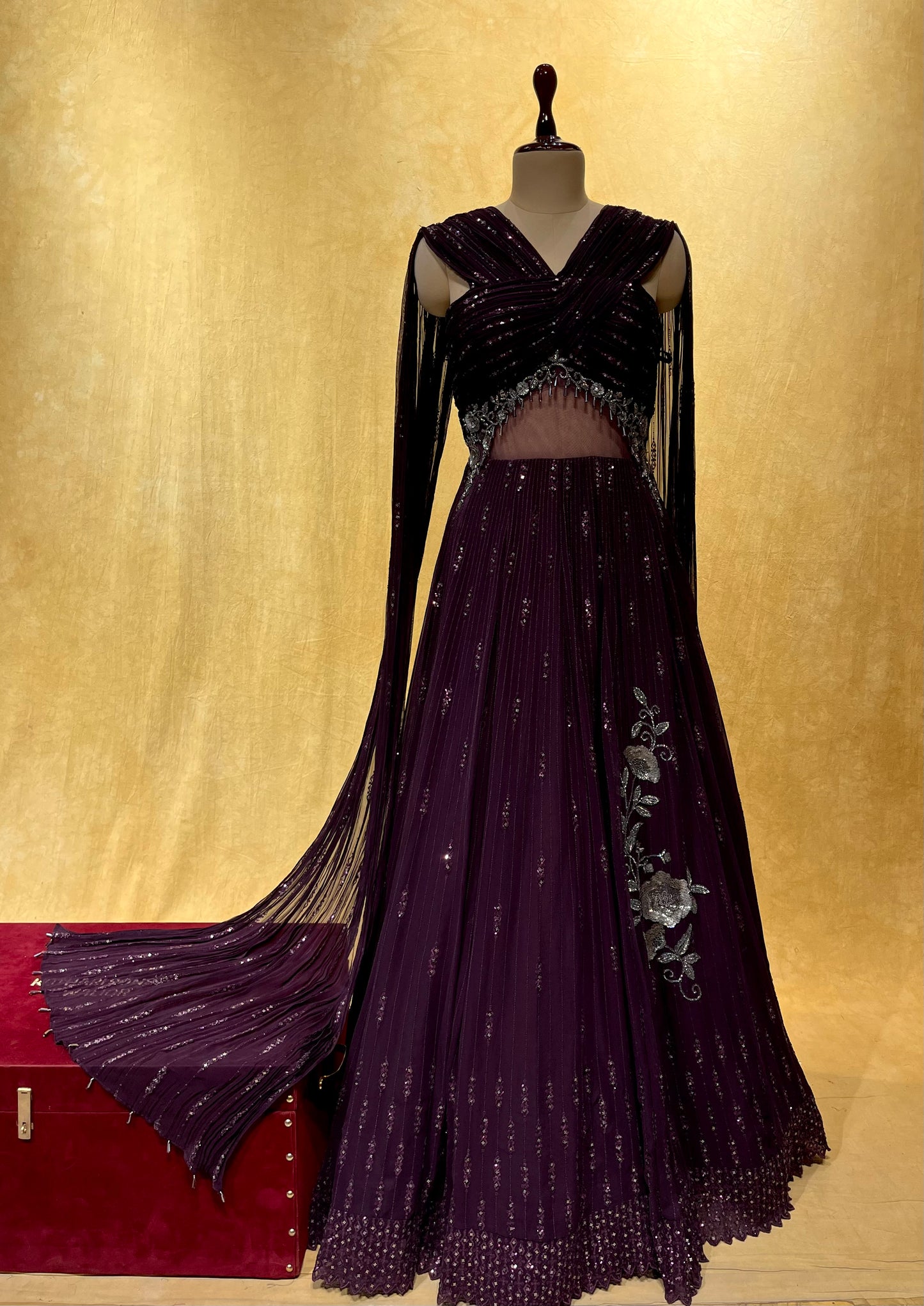 VIOLET COLOUR PARTY WEAR GEORGETTE EMBROIDERED GOWN EMBELLISHED WITH SEQUINS & CUTDANA WORK