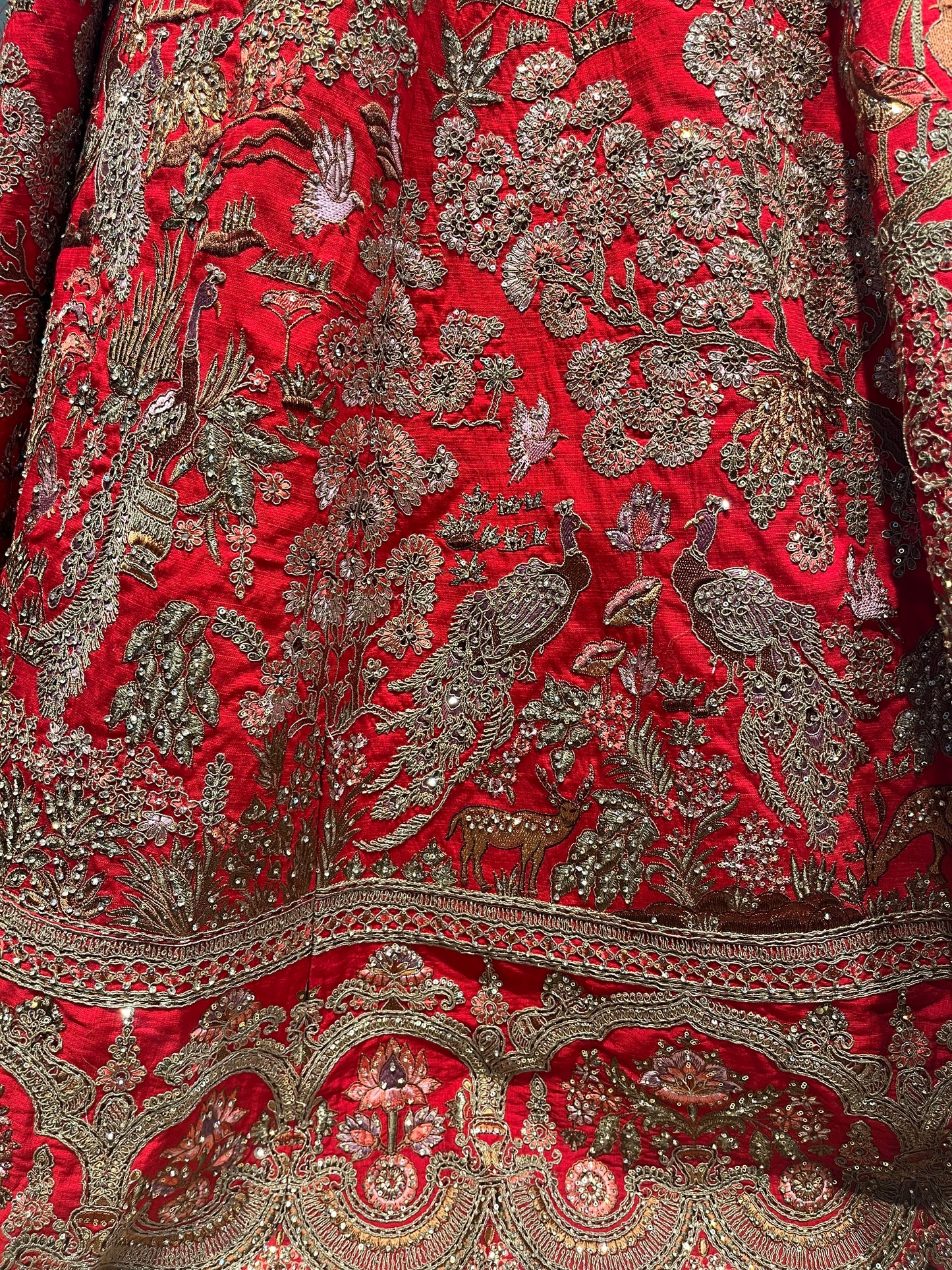 RUST RED SILK BRIDAL EMBROIDERED LEHENGA WITH READYMADE BLOUSE, EMBELLISHED WITH ZARI & SEQUINS WORK