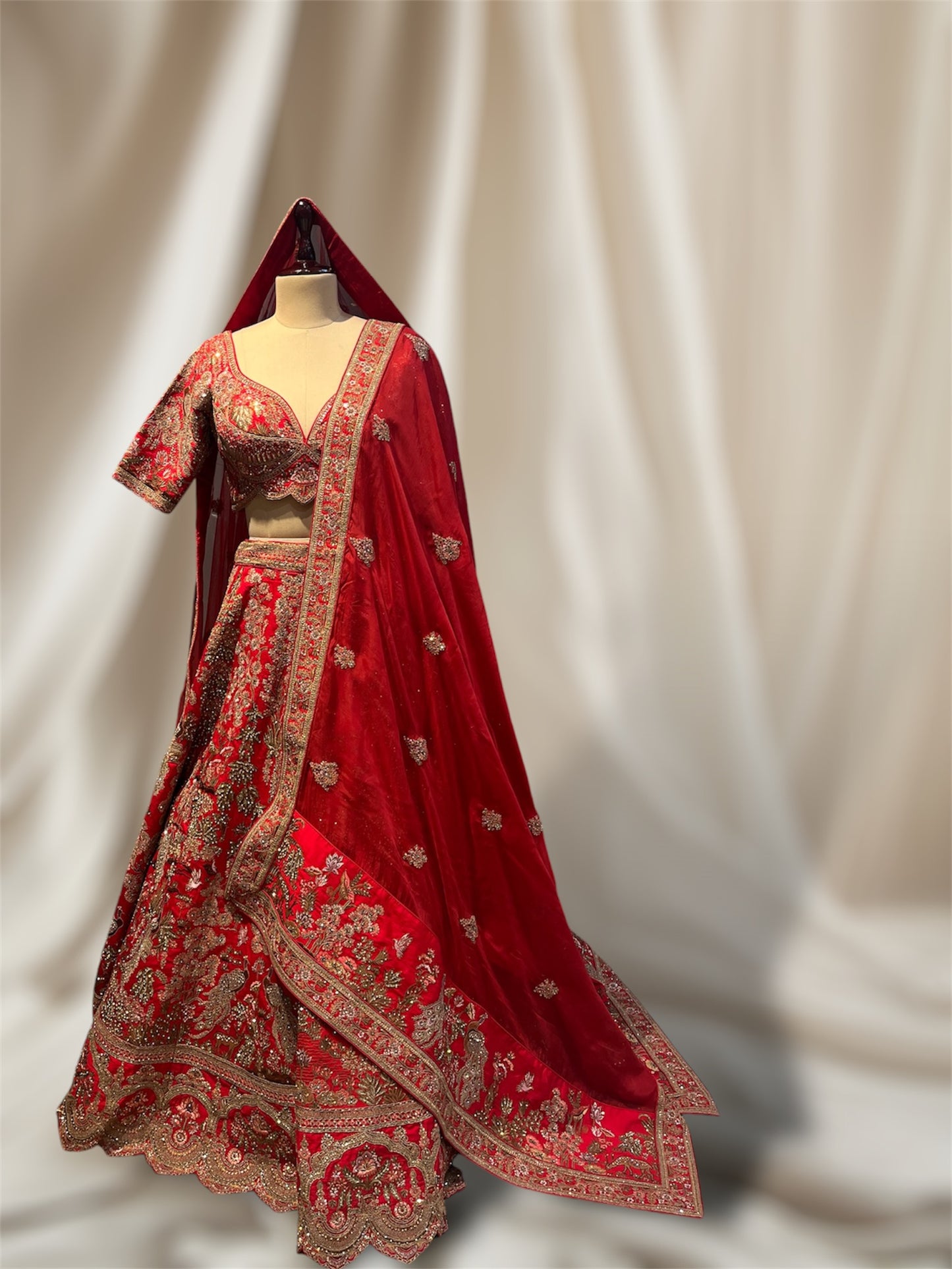 RUST RED SILK BRIDAL EMBROIDERED LEHENGA WITH READYMADE BLOUSE, EMBELLISHED WITH ZARI & SEQUINS WORK