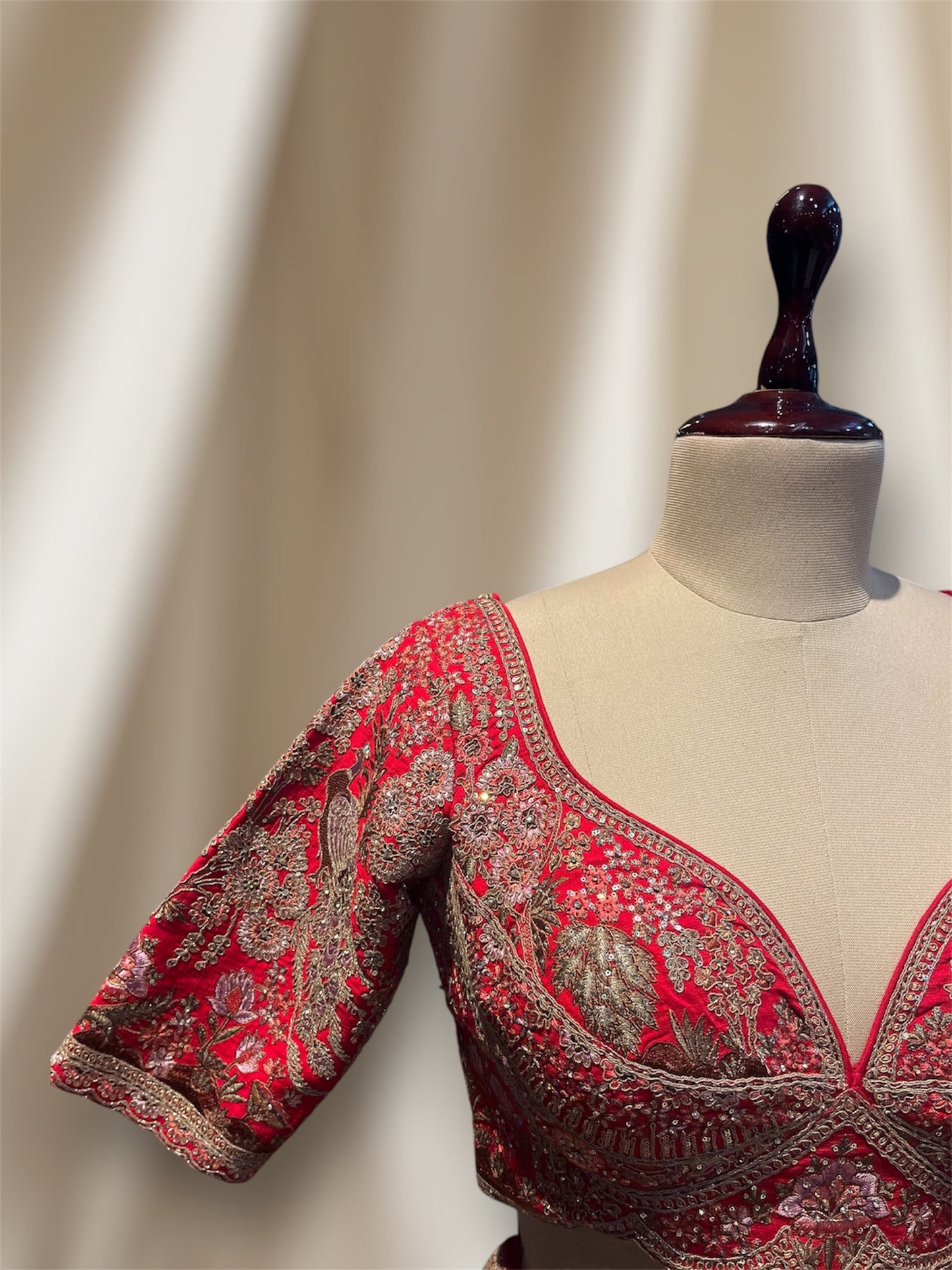 RUST RED SILK BRIDAL EMBROIDERED LEHENGA WITH READYMADE BLOUSE, EMBELLISHED WITH ZARI & SEQUINS WORK