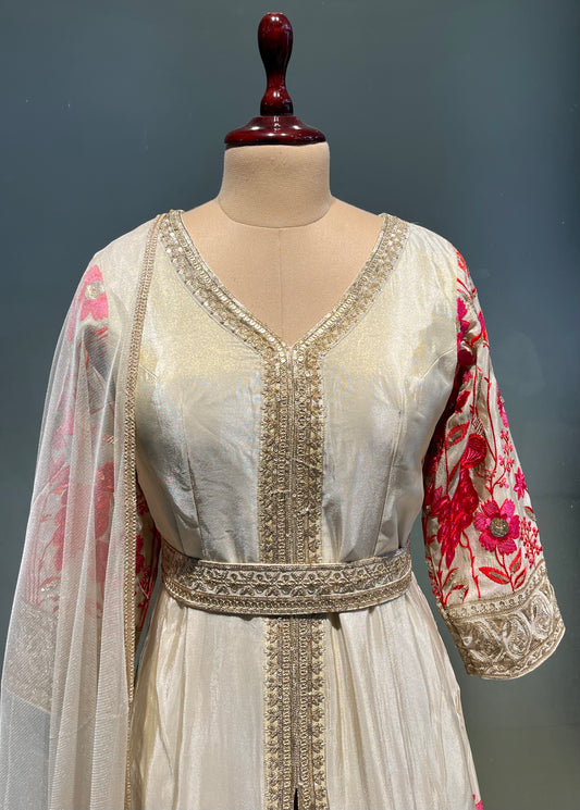 OFF WHITE COLOUR CREPE TISSUE FRONT SLIT KURTA WITH NET DUPATTA EMBELLISHED WITH SEQUINS & RESHAM WORK