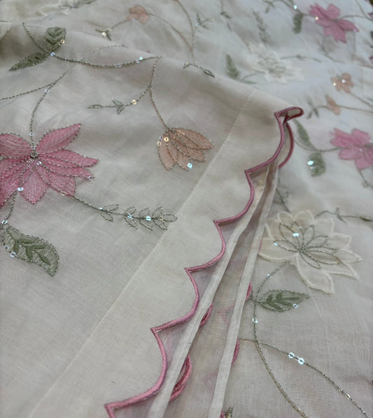 Ivory colour, Mul Chanderi saree with multi coloured embroidery & appliqué work by Siddhaika
