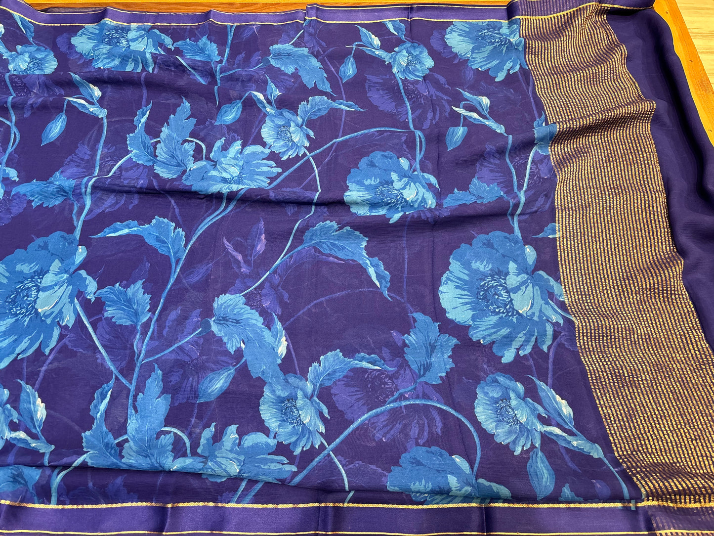 SAPPHIRE BLUE PURE PLATINUM CHIFFON SAREE WITH SATIN ZARI BORDER