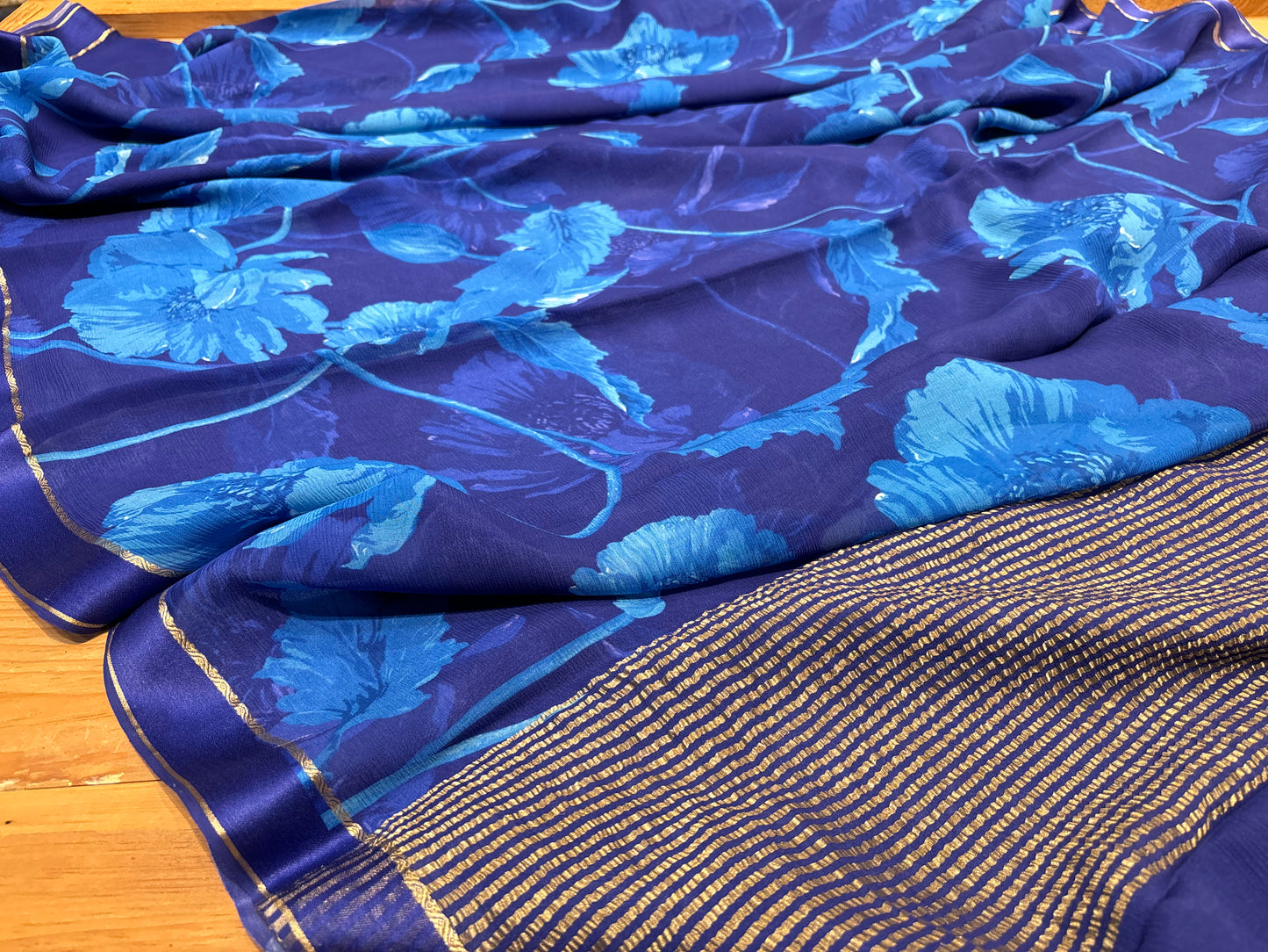 SAPPHIRE BLUE PURE PLATINUM CHIFFON SAREE WITH SATIN ZARI BORDER