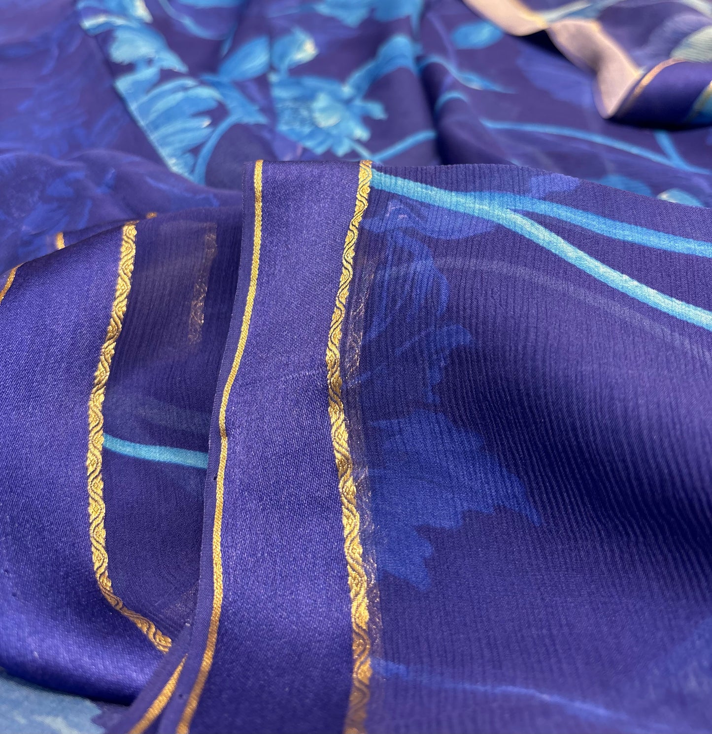 SAPPHIRE BLUE PURE PLATINUM CHIFFON SAREE WITH SATIN ZARI BORDER