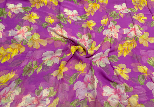 BRIGHT PURPLE FLORAL PRINTED CHIFFON SAREE