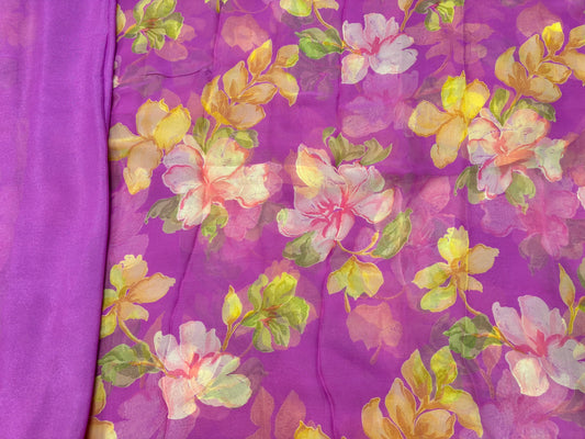 BRIGHT PURPLE FLORAL PRINTED CHIFFON SAREE