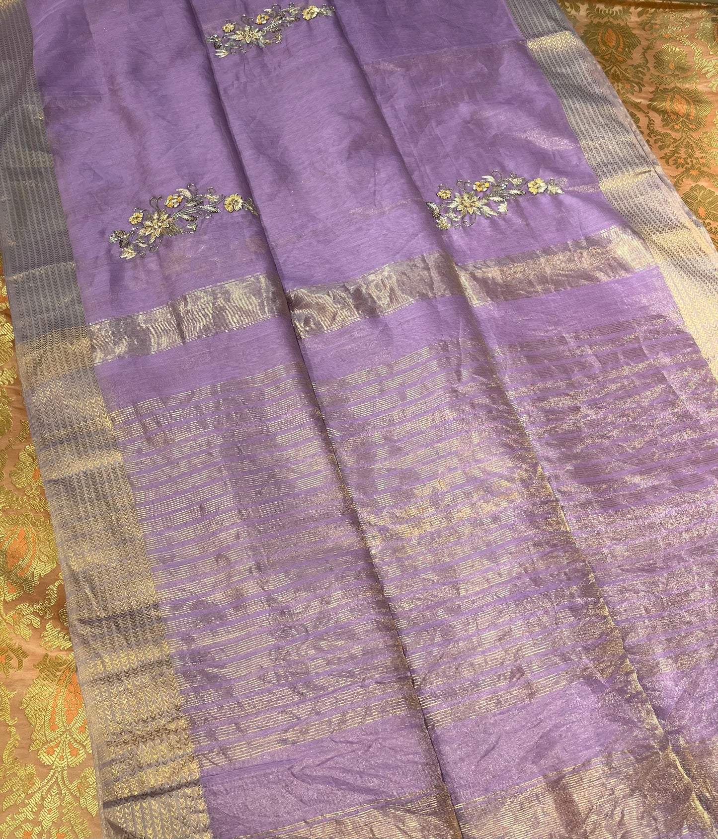 LAVENDER COLOUR CHANDERI TISSUE HAND EMBROIDERED SAREE EMBELLISHED WITH ZARDOZI, CUTDANA & ZARI WORK