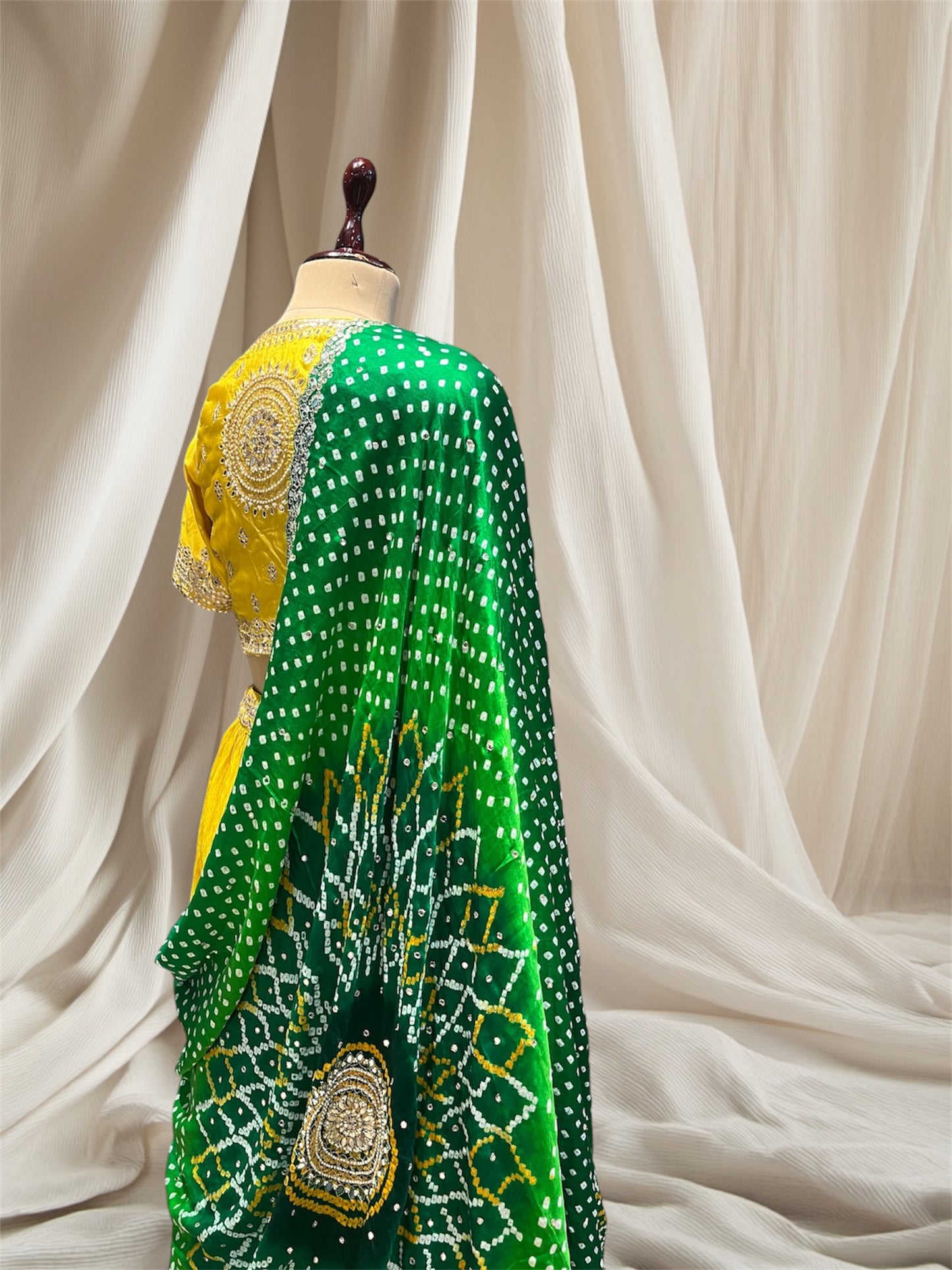 YELLOW LEHENGA WITH BLOUSE & GREEN GAJI SILK BANDHANI DUPATTA