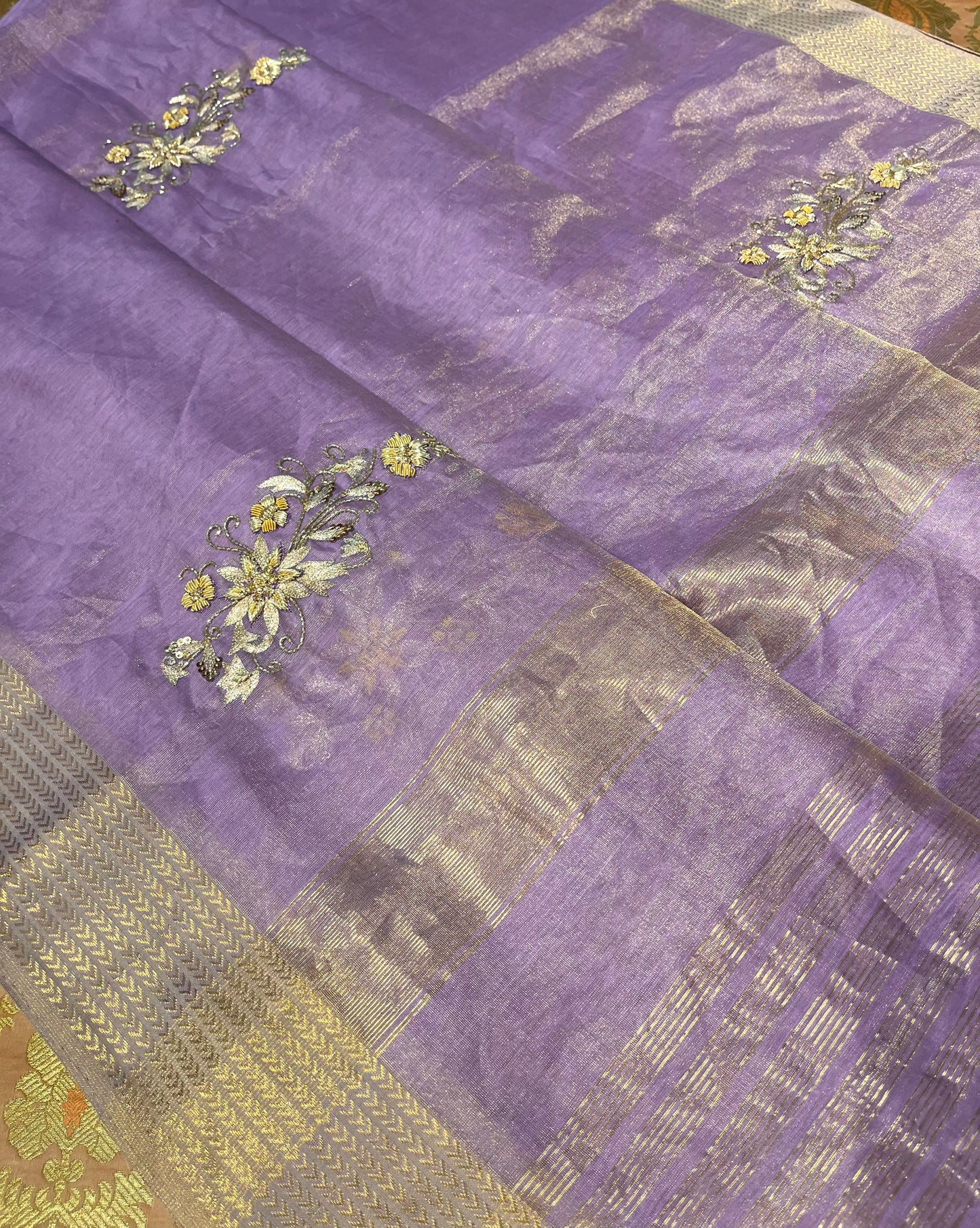 LAVENDER COLOUR CHANDERI TISSUE HAND EMBROIDERED SAREE EMBELLISHED WITH ZARDOZI, CUTDANA & ZARI WORK