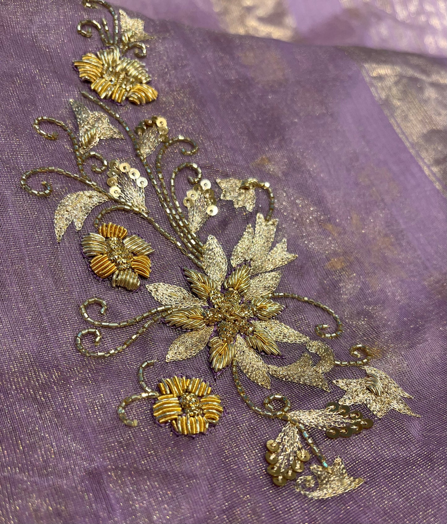 LAVENDER COLOUR CHANDERI TISSUE HAND EMBROIDERED SAREE EMBELLISHED WITH ZARDOZI, CUTDANA & ZARI WORK