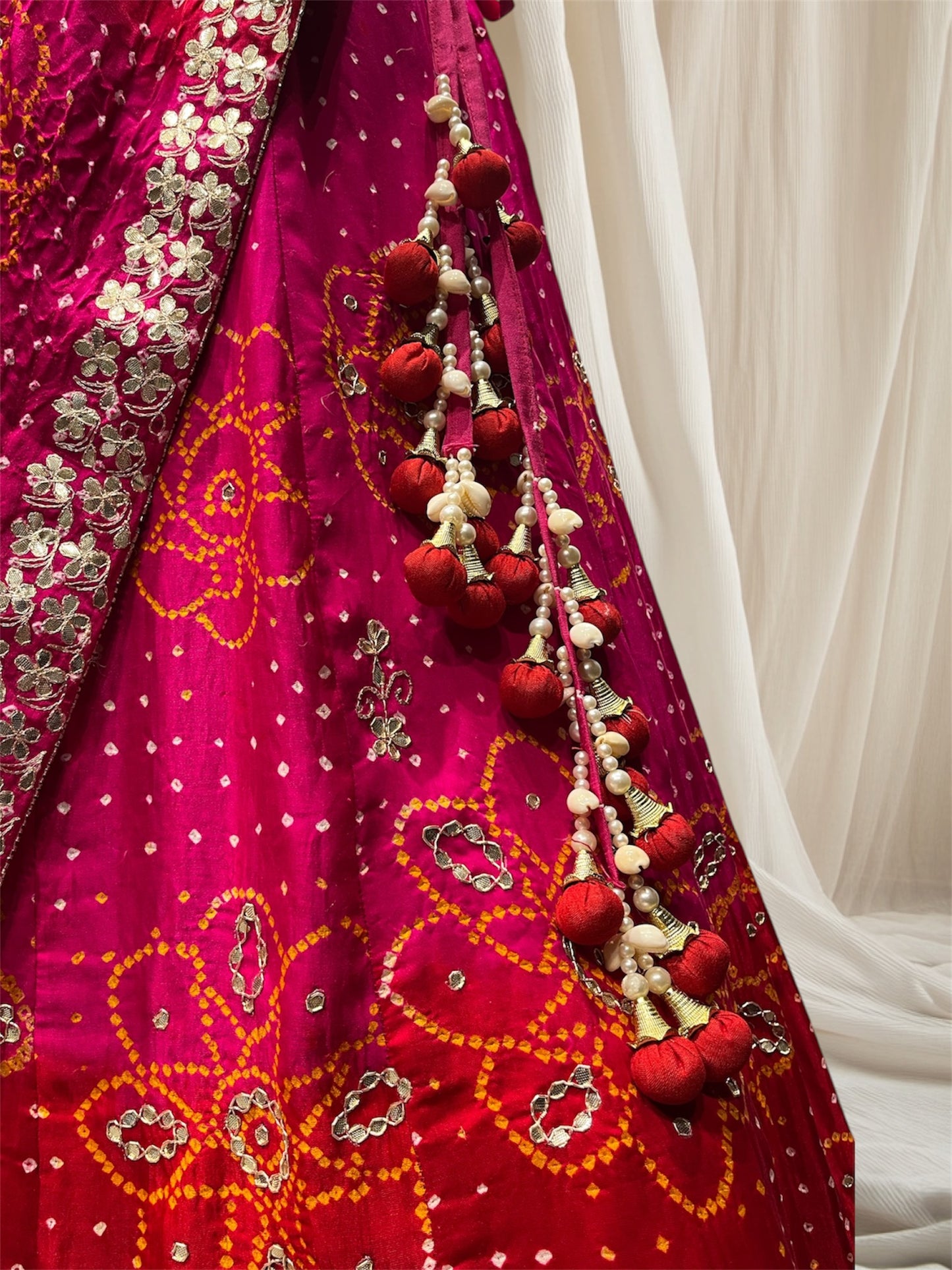 RANI PINK & RED COLOR PURE GAJI BANDHANI GOTA PATTI WORK LEHENGA, CHUNNI, BLOUSE WITHOUT STITCH