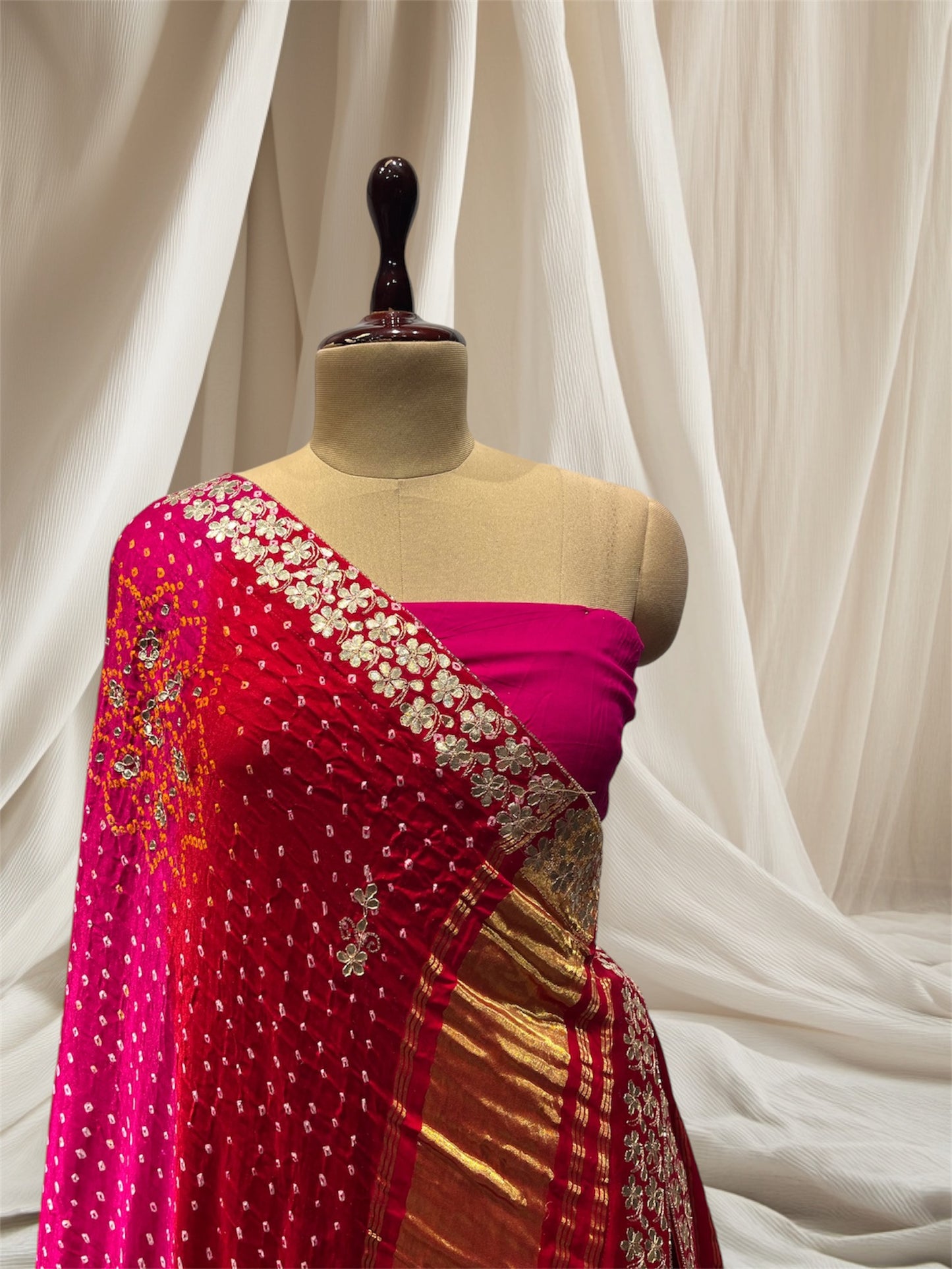 RANI PINK & RED COLOR PURE GAJI BANDHANI GOTA PATTI WORK LEHENGA, CHUNNI, BLOUSE WITHOUT STITCH