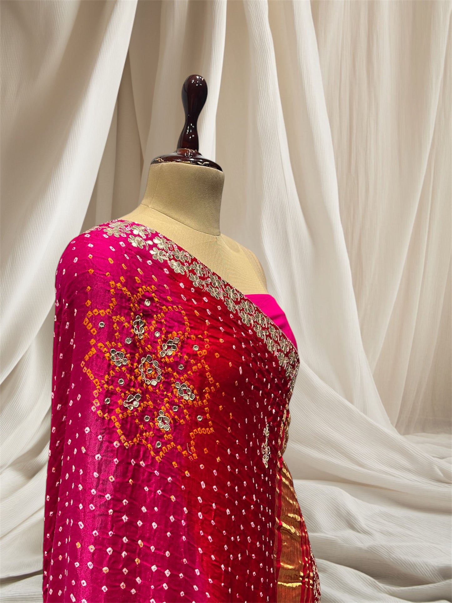 RANI PINK & RED COLOR PURE GAJI BANDHANI GOTA PATTI WORK LEHENGA, CHUNNI, BLOUSE WITHOUT STITCH
