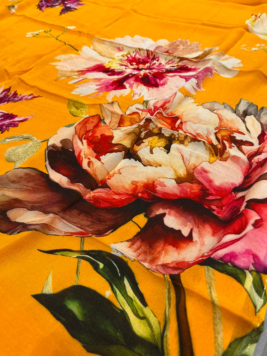 MUSTARD COLOUR CHINON PRINTED SAREE WITH PRINTED BLOUSE - Kothari Sons