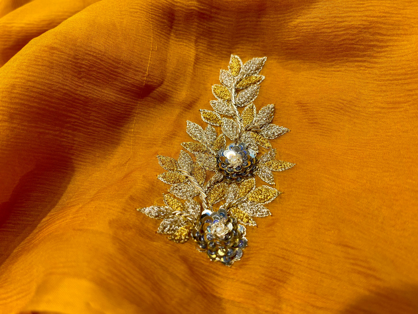 ( DELIVERY IN 25 DAYS ) MUSTARD COLOUR PURE CHIFFON HAND EMBROIDERED SAREE EMBELLISHED WITH ZARDOZI WORK