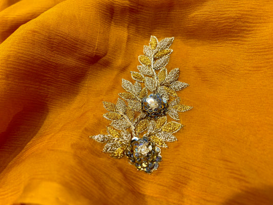 ( DELIVERY IN 25 DAYS ) MUSTARD COLOUR PURE CHIFFON HAND EMBROIDERED SAREE EMBELLISHED WITH ZARDOZI WORK