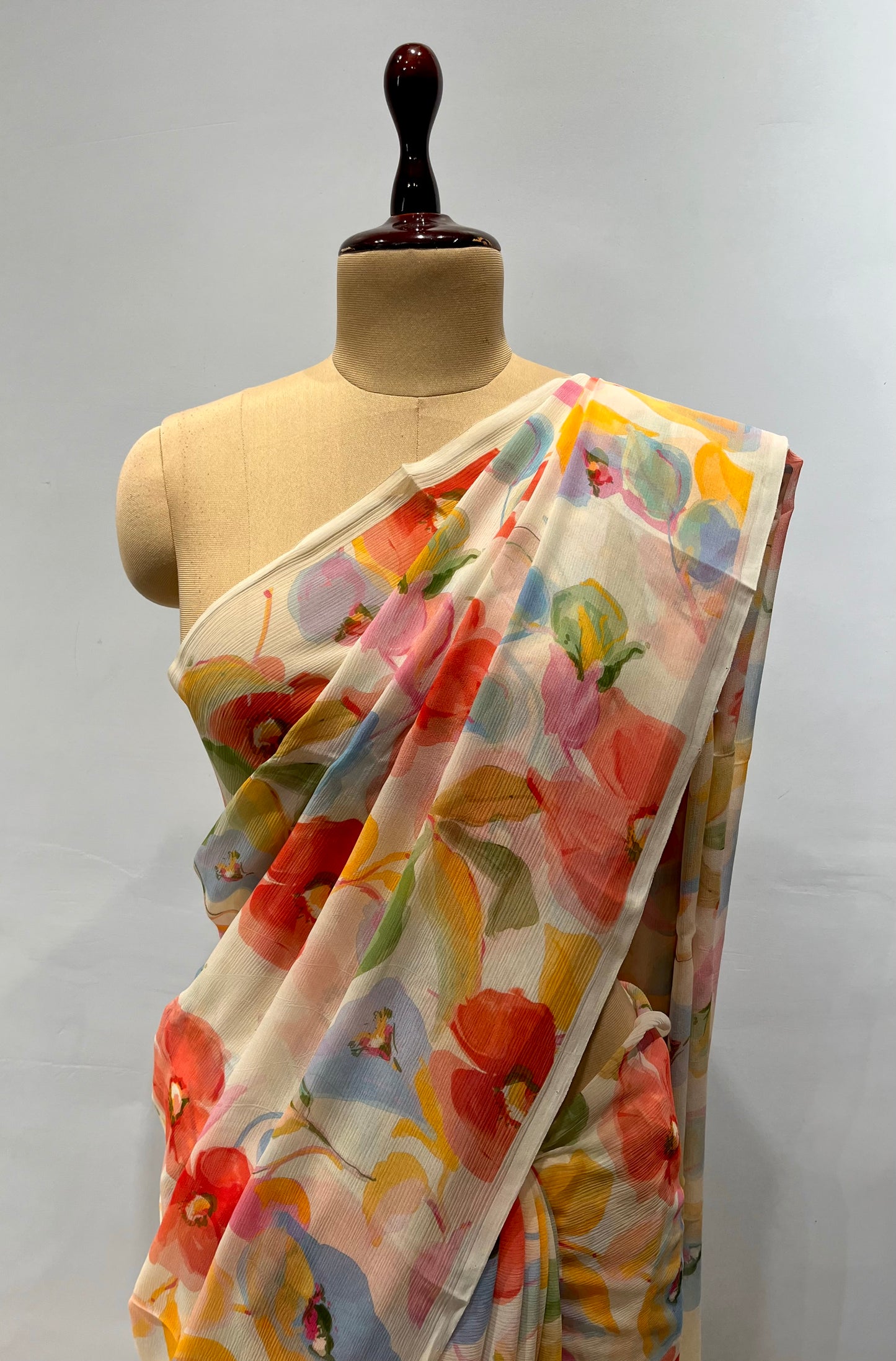 (Delivered In 30 Days ) WHITE COLOUR PURE CHIFFON FLORAL PRINTED SAREE