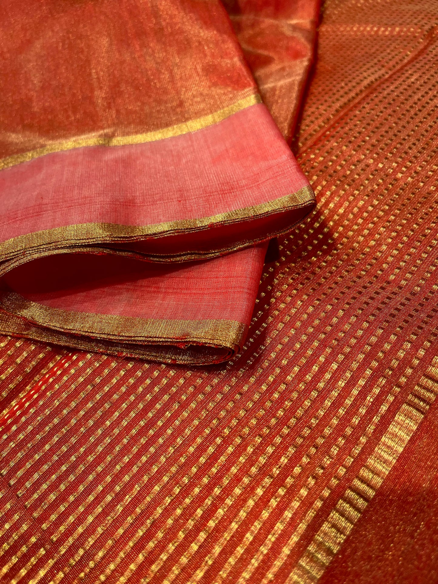 PEACH COLOUR CHANDER TISSUE SAREE WITH ZARI CHECKS PALLA EMBELLISHED WITH ZARI WEAVES