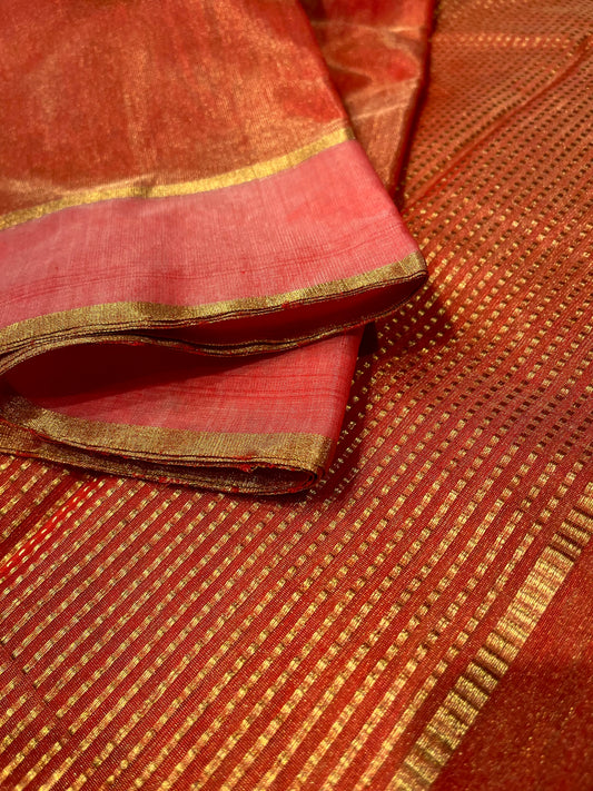 PEACH COLOUR CHANDER TISSUE SAREE WITH ZARI CHECKS PALLA EMBELLISHED WITH ZARI WEAVES