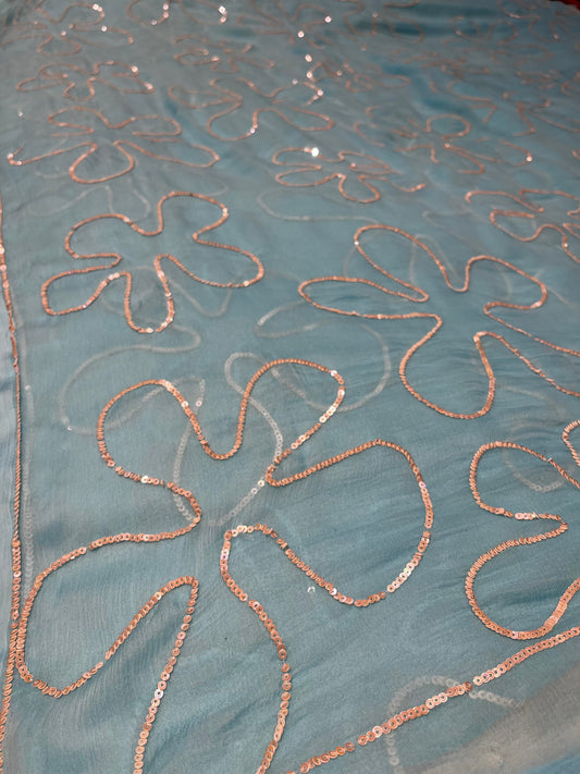 SKY BLUE CHIFFON SEQUINS EMBROIDERED SAREE WITH CHINON BLOUSE ( DELIVERY IN 10 DAYS )