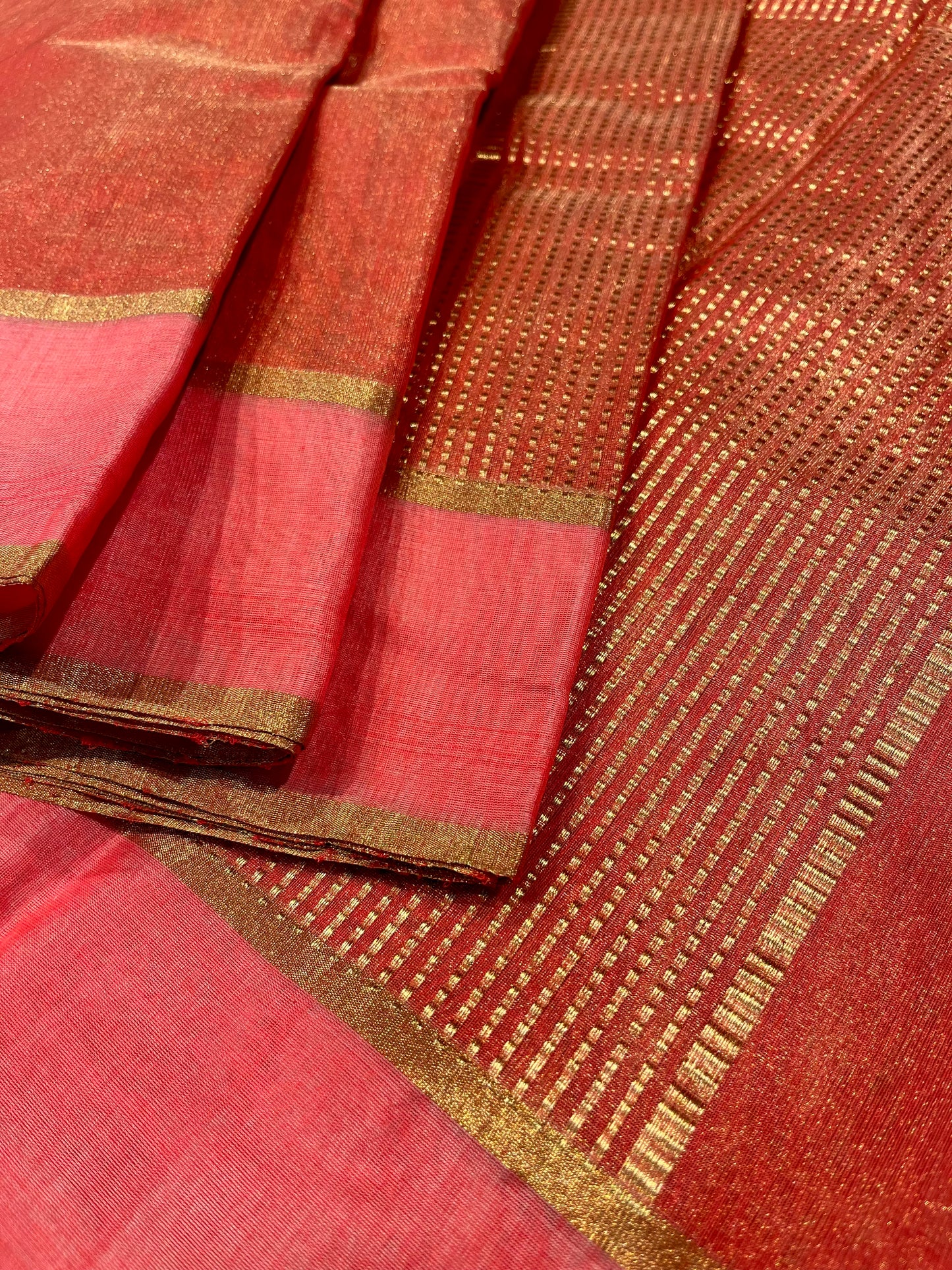 PEACH COLOUR CHANDER TISSUE SAREE WITH ZARI CHECKS PALLA EMBELLISHED WITH ZARI WEAVES
