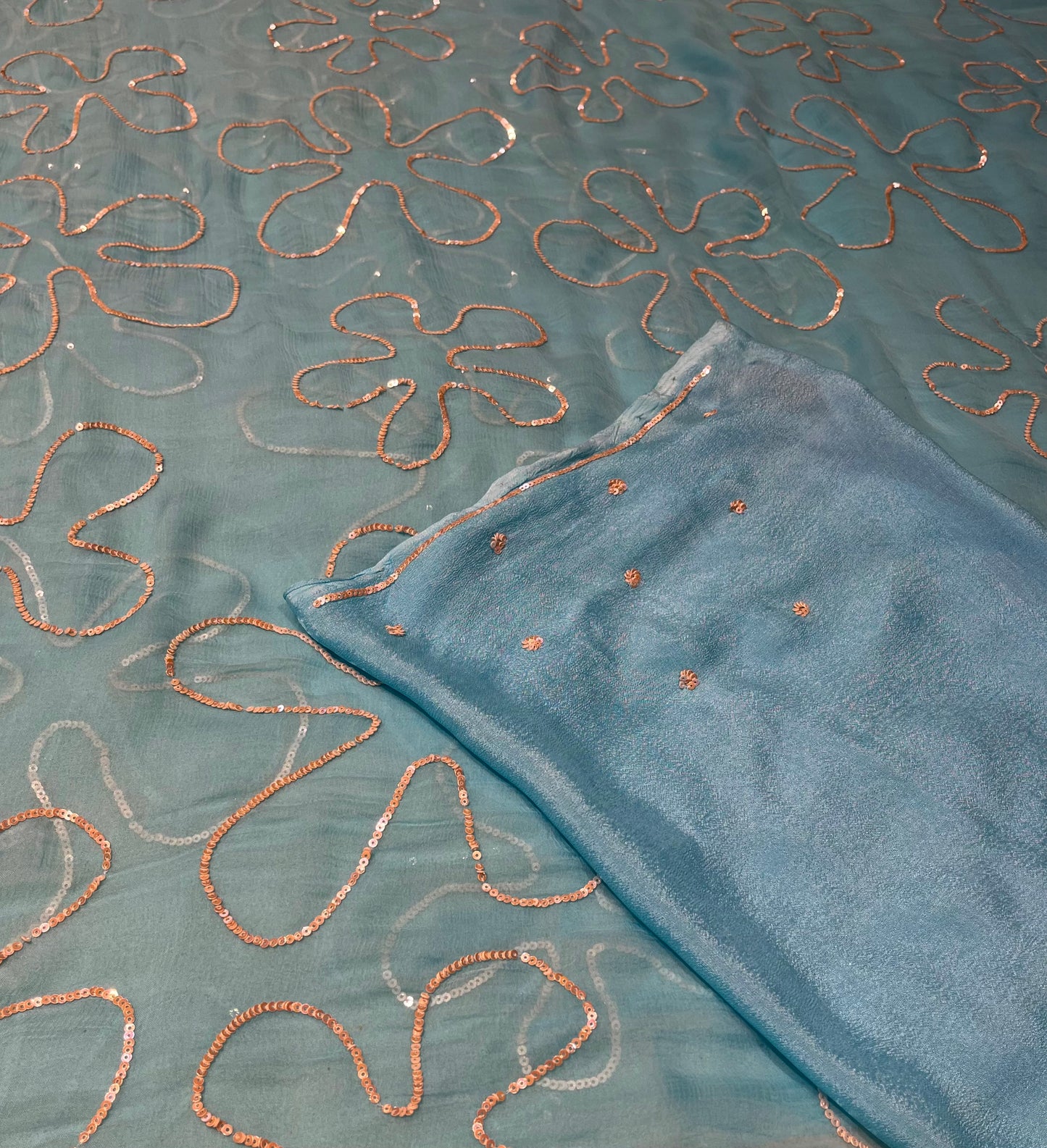 SKY BLUE CHIFFON SEQUINS EMBROIDERED SAREE WITH CHINON BLOUSE ( DELIVERY IN 10 DAYS )