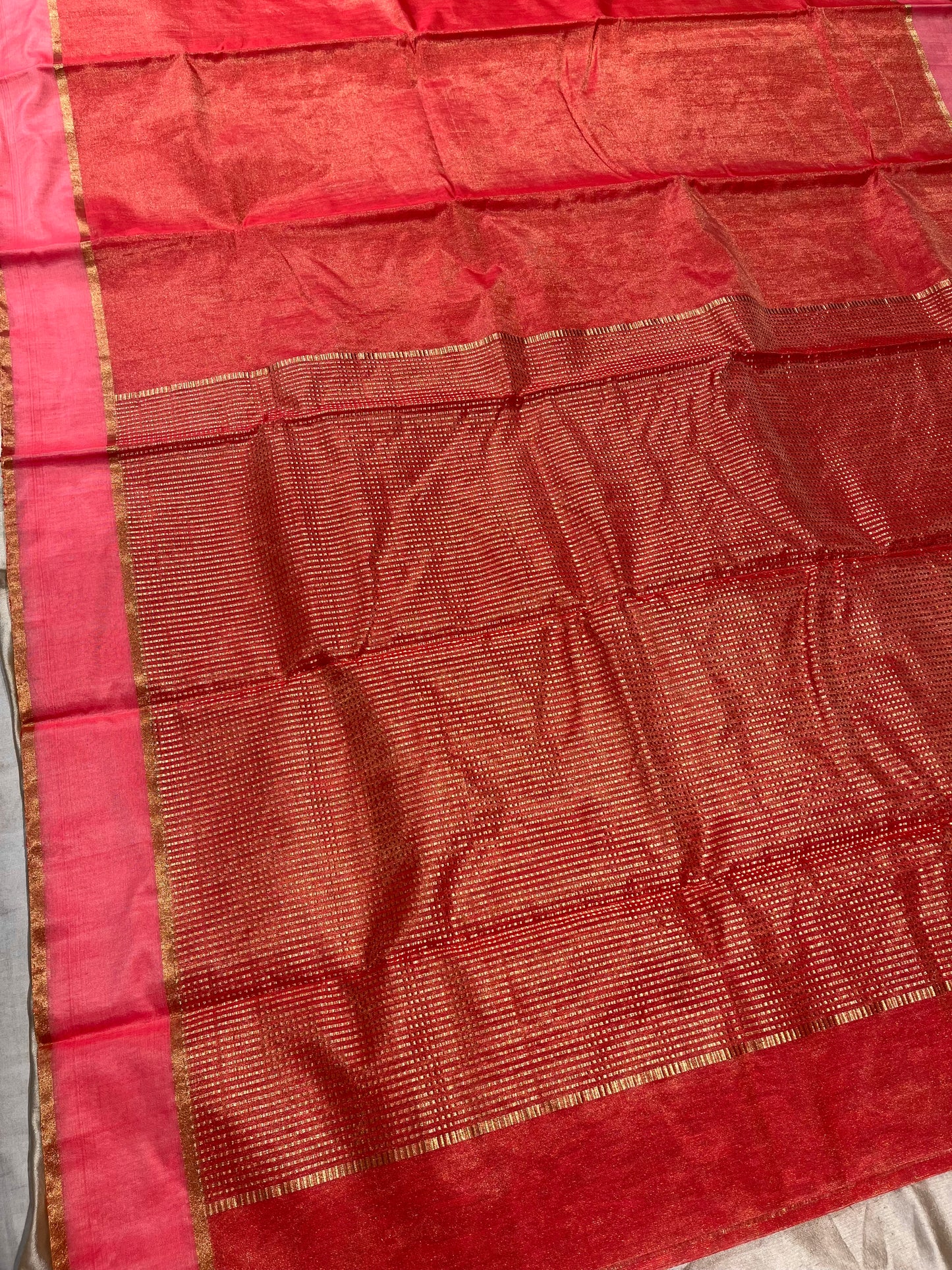 PEACH COLOUR CHANDER TISSUE SAREE WITH ZARI CHECKS PALLA EMBELLISHED WITH ZARI WEAVES