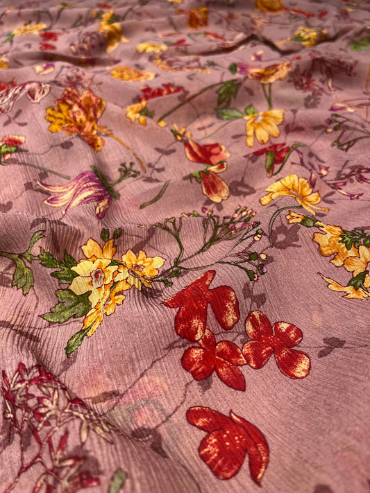 DUSTY ROSE COLOUR PURE PLATINUM CHIFFON FLORAL PRINTED SAREE WITH CREPE SILK BLOUSE - Kothari Sons