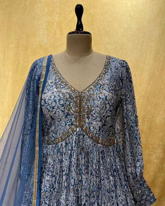 ( DELIVERY IN 25 DAYS ) BLUE COLOUR MUSLIN SILK ANARKALI SUIT EMBELLISHED WITH SEQUINS & CUTDANA WORK