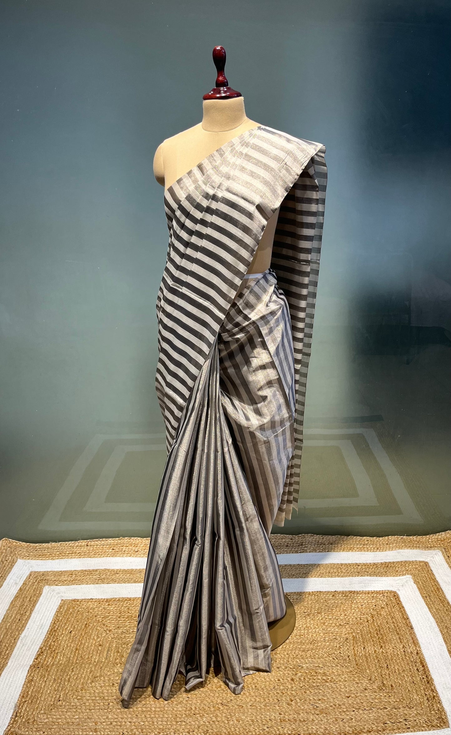 SILVER & WHITE COLOUR STRIPED CHANDERI TISSUE SAREE