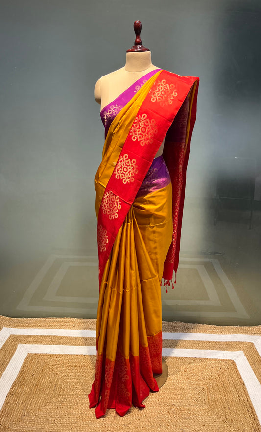 MUSTARD COLOUR DHARMAVARAM SILK SAREE EMBELLISHED WITH ZARI WEAVES