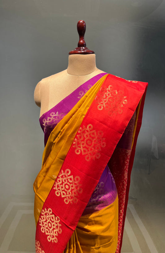 MUSTARD COLOUR DHARMAVARAM SILK SAREE EMBELLISHED WITH ZARI WEAVES