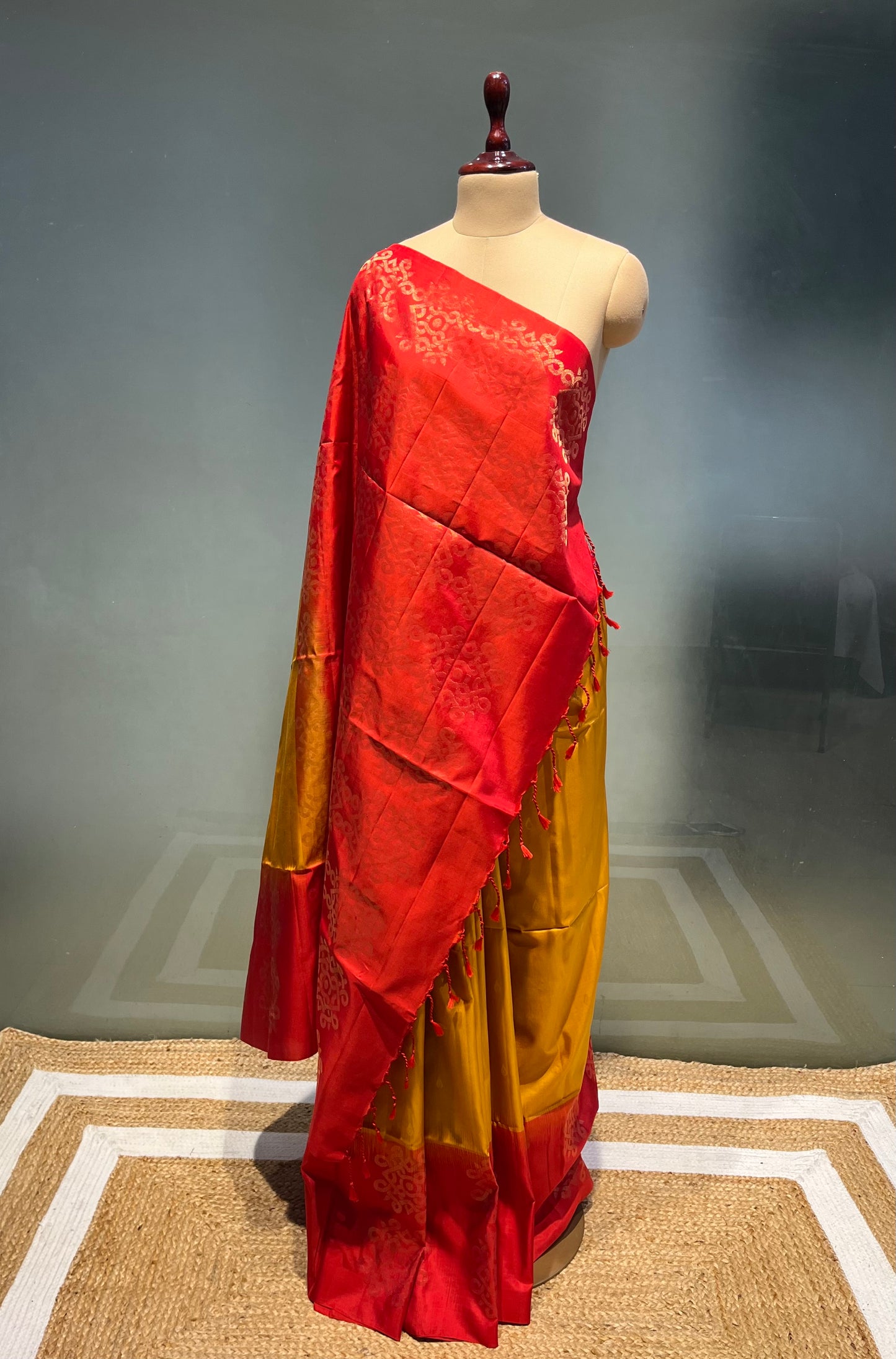 MUSTARD COLOUR DHARMAVARAM SILK SAREE EMBELLISHED WITH ZARI WEAVES