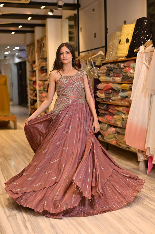 ( DELIVERY IN 25 DAYS ) RUST PINK COLOUR CHINON EMBROIDERED GOWN EMBELLISHED WITH SEQUINS & BEADS WORK