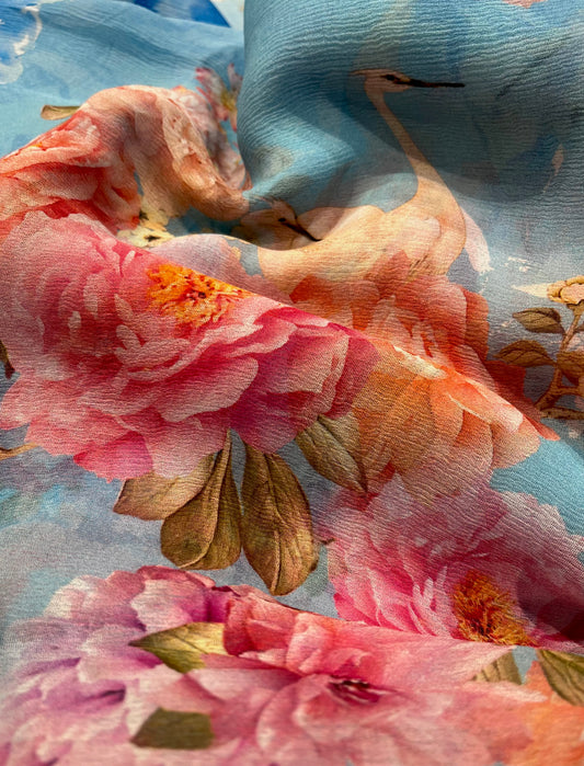 SKY BLUE COLOUR PURE PLATINUM CHIFFON FLORAL PRINTED SAREE WITH SELF PRINTED CREPE SILK BLOUSE - Kothari Sons