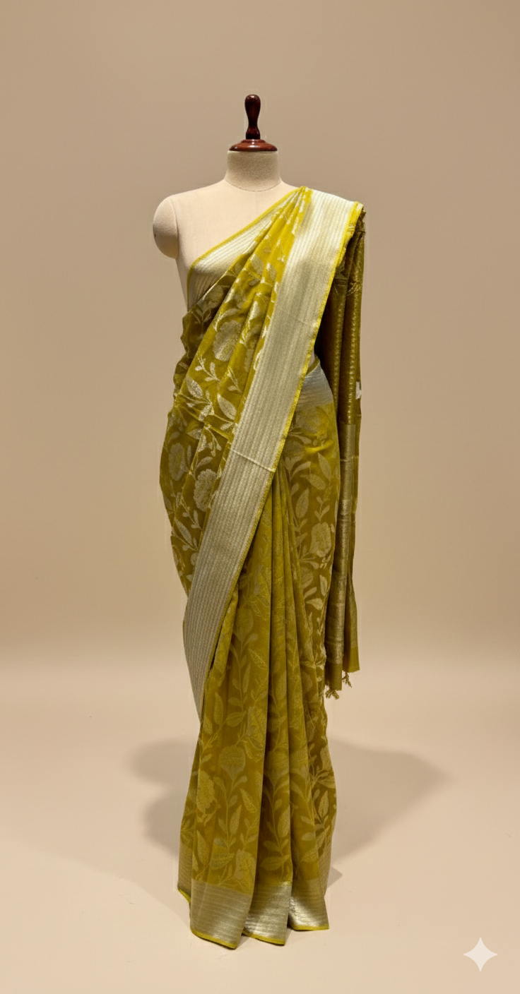 OLIVE GREEN COLOUR SILVER ZARI WEAVED GEORGETTE KHADDI SAREE WITH PLAIN BLOUSE AND BORDER - Kothari Sons