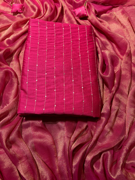 FUCHSIA CHANDERI SILK UNSTITCHED SUIT WITH ANCHORING AND SEQUINS WORK & TISSUE DRILL DUPATTA