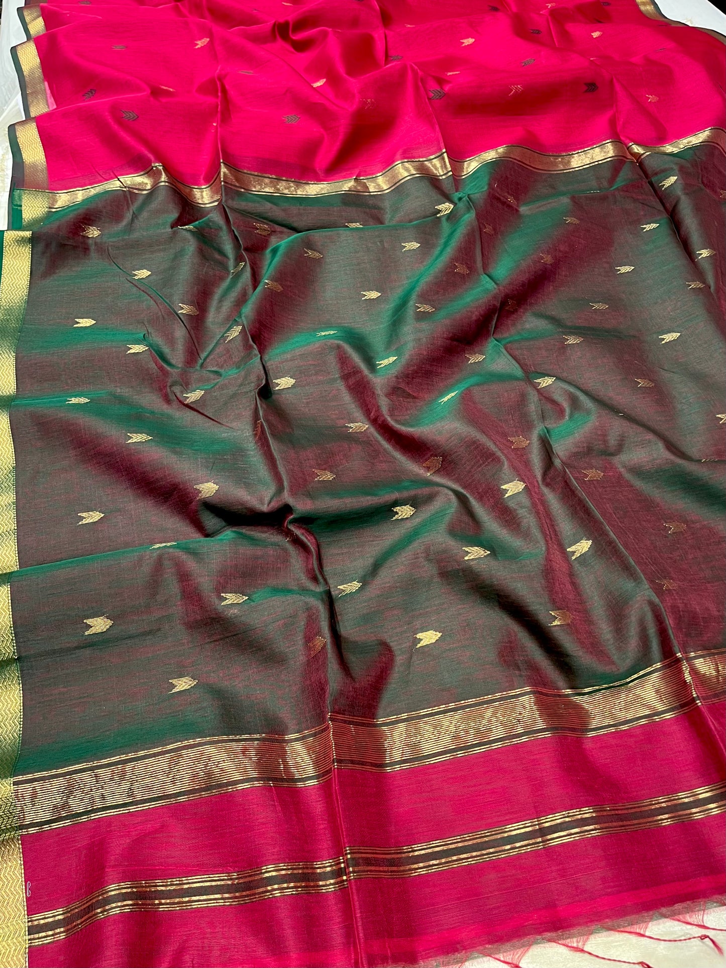 RANI COLOUR PURE COTTON SILK MAHESHWARI SAREE WITH CONTRAST PALLA & ZARI BORDER