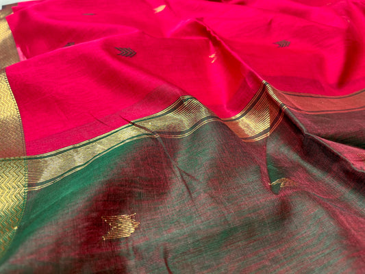 RANI COLOUR PURE COTTON SILK MAHESHWARI SAREE WITH CONTRAST PALLA & ZARI BORDER
