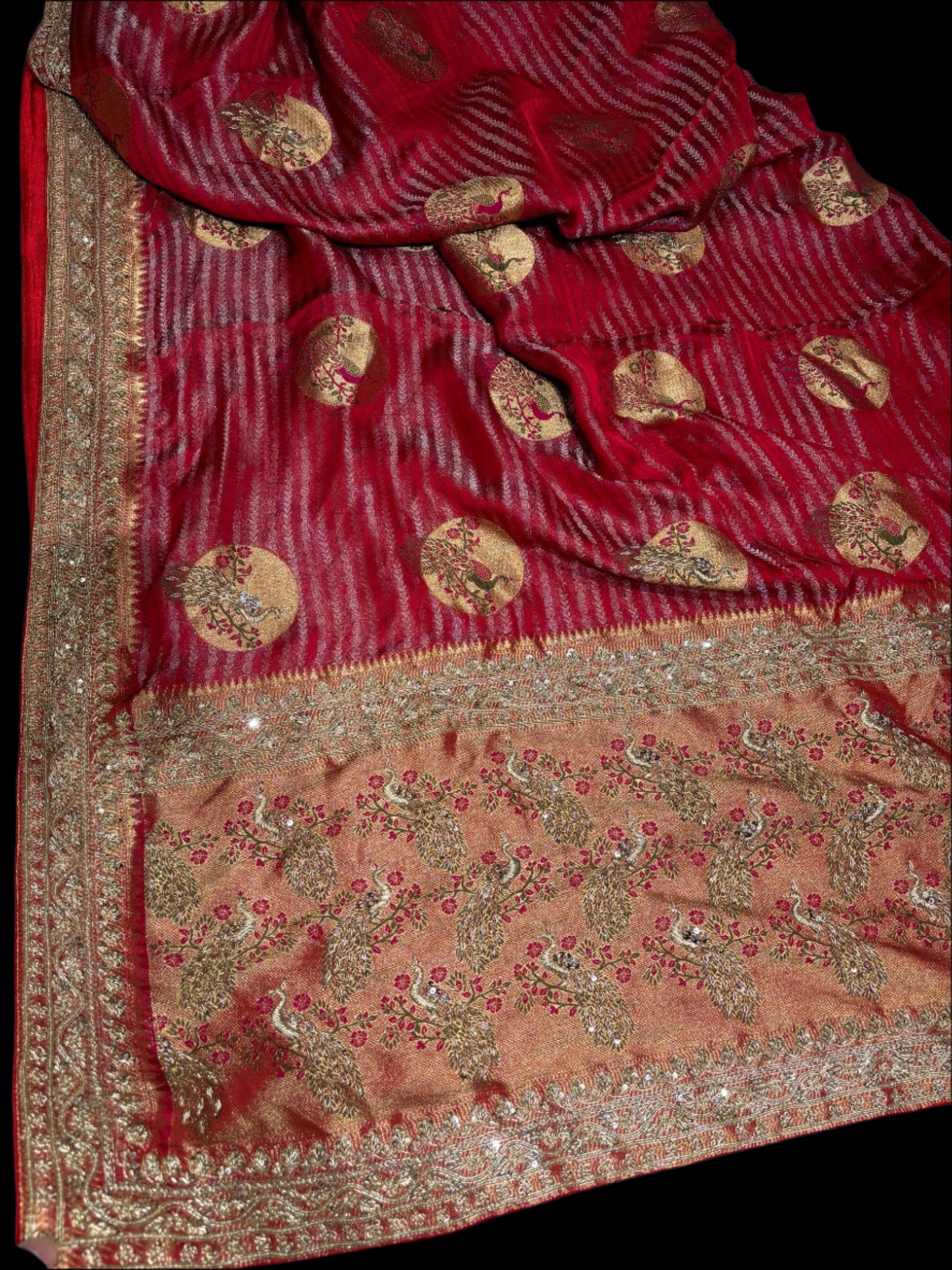 (Deliver in 20 Days) RED CREPE TISSUE BRIDAL SAREE WITH ZARDOZI BORDER AND PEACOCK MOTIFS