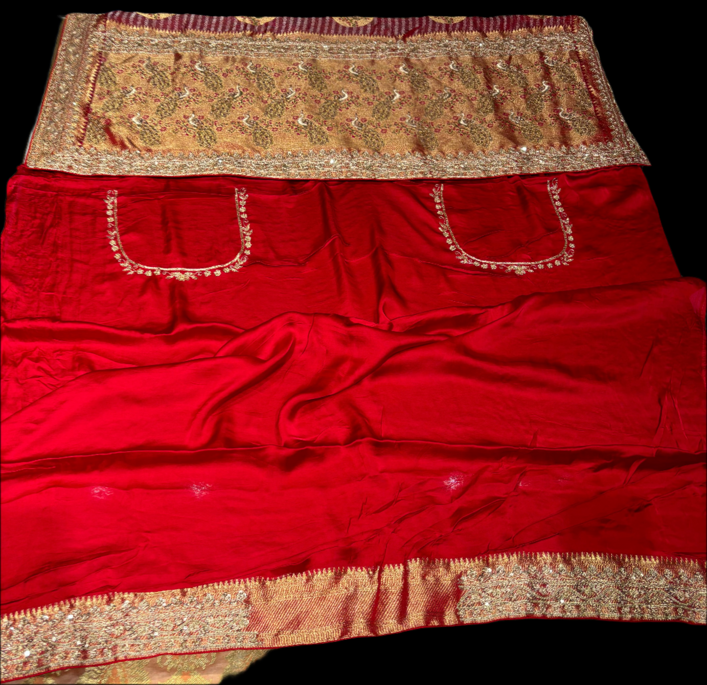 (Deliver in 20 Days) RED CREPE TISSUE BRIDAL SAREE WITH ZARDOZI BORDER AND PEACOCK MOTIFS