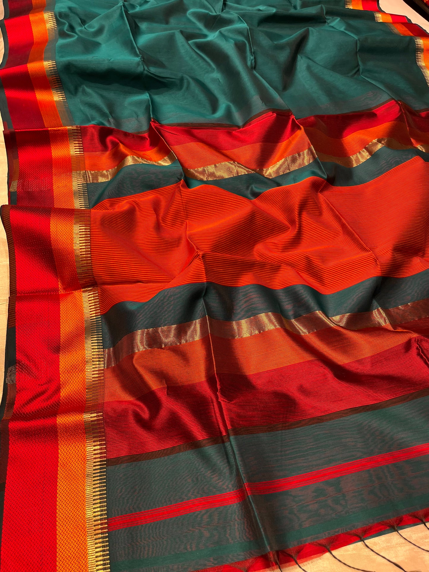 TEAL GREEN COLOUR PURE COTTON SILK MAHESHWARI SAREE WITH ZARI BORDER