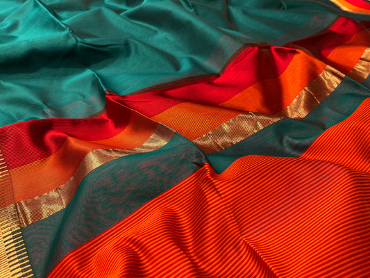 TEAL GREEN COLOUR PURE COTTON SILK MAHESHWARI SAREE WITH ZARI BORDER