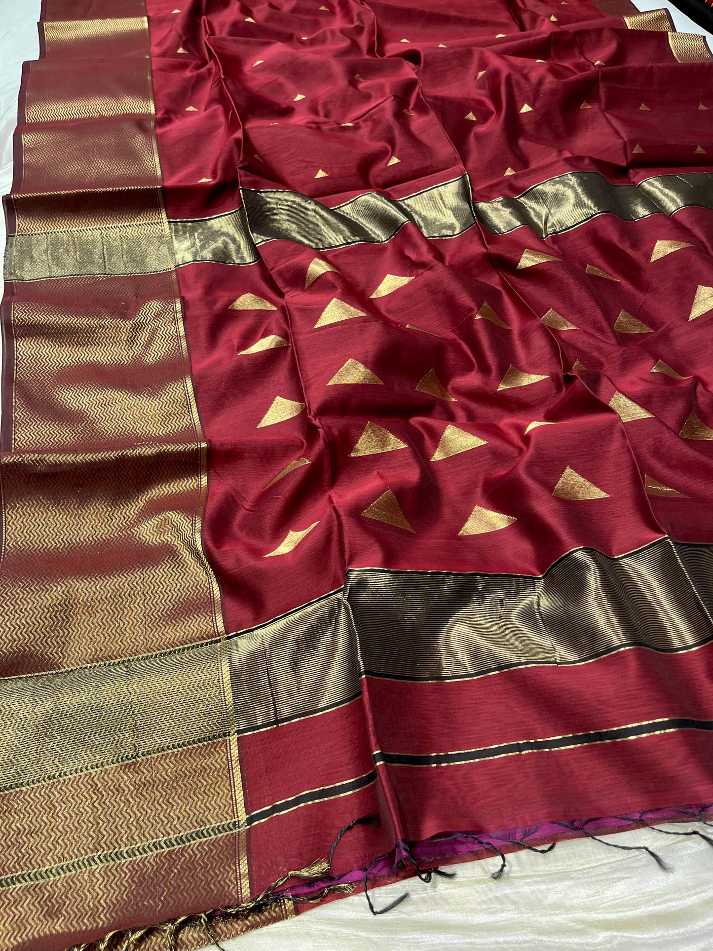 MAROON COLOUR PURE COTTON SILK MAHESHWARI SAREE WITH ZARI BORDER