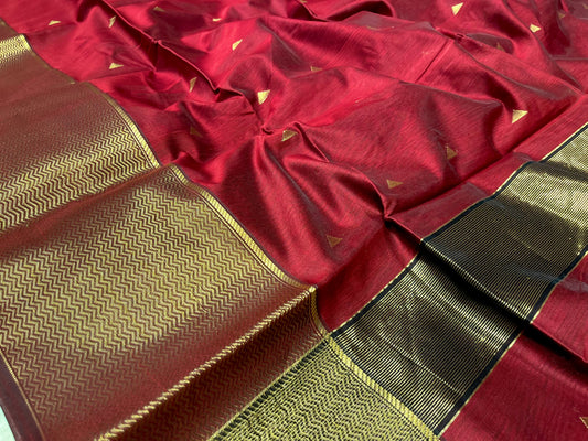 MAROON COLOUR PURE COTTON SILK MAHESHWARI SAREE WITH ZARI BORDER