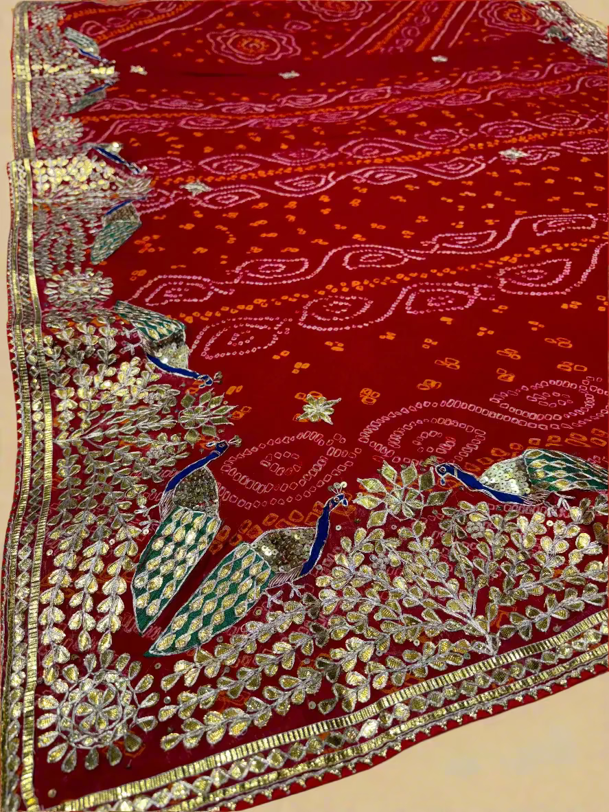 RED PURE OJARIYA BANDHANI SAREE WITH GOTA PATTI AND ZARDOZI EMBROIDERED BORDER